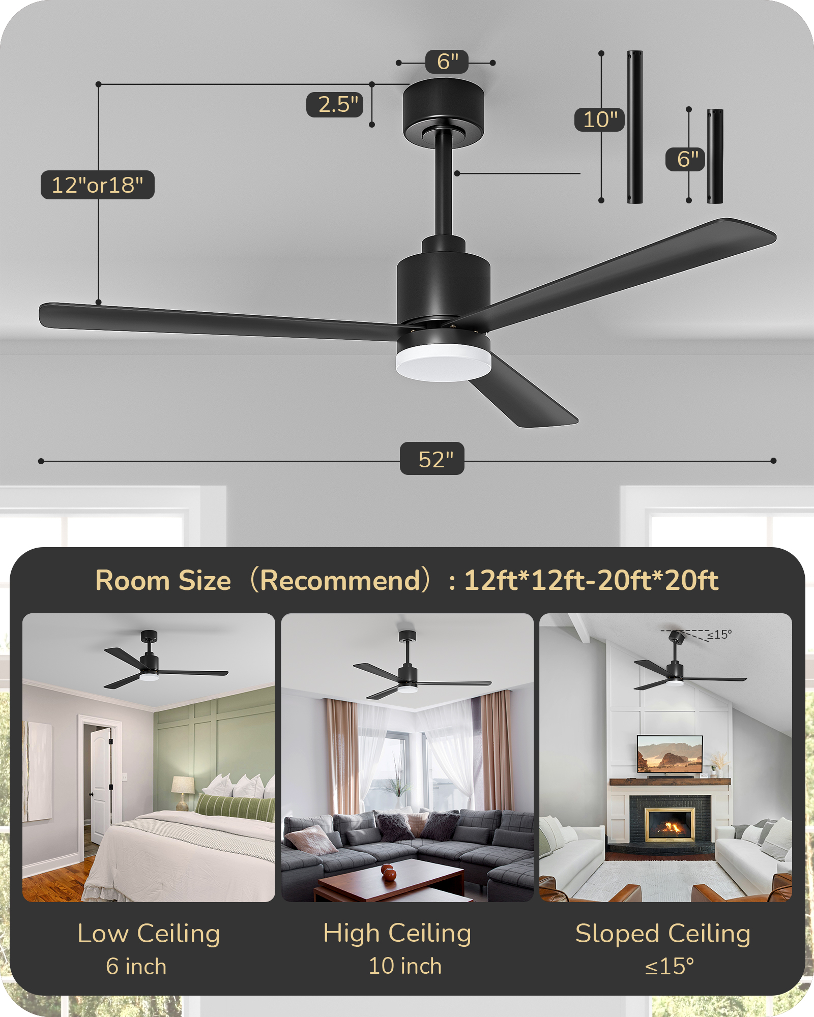 EDISHINE 52" Modern Black Ceiling Fans with Lights-HCFM03A