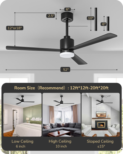 EDISHINE 52" Modern Black Ceiling Fans with Lights-HCFM03A
