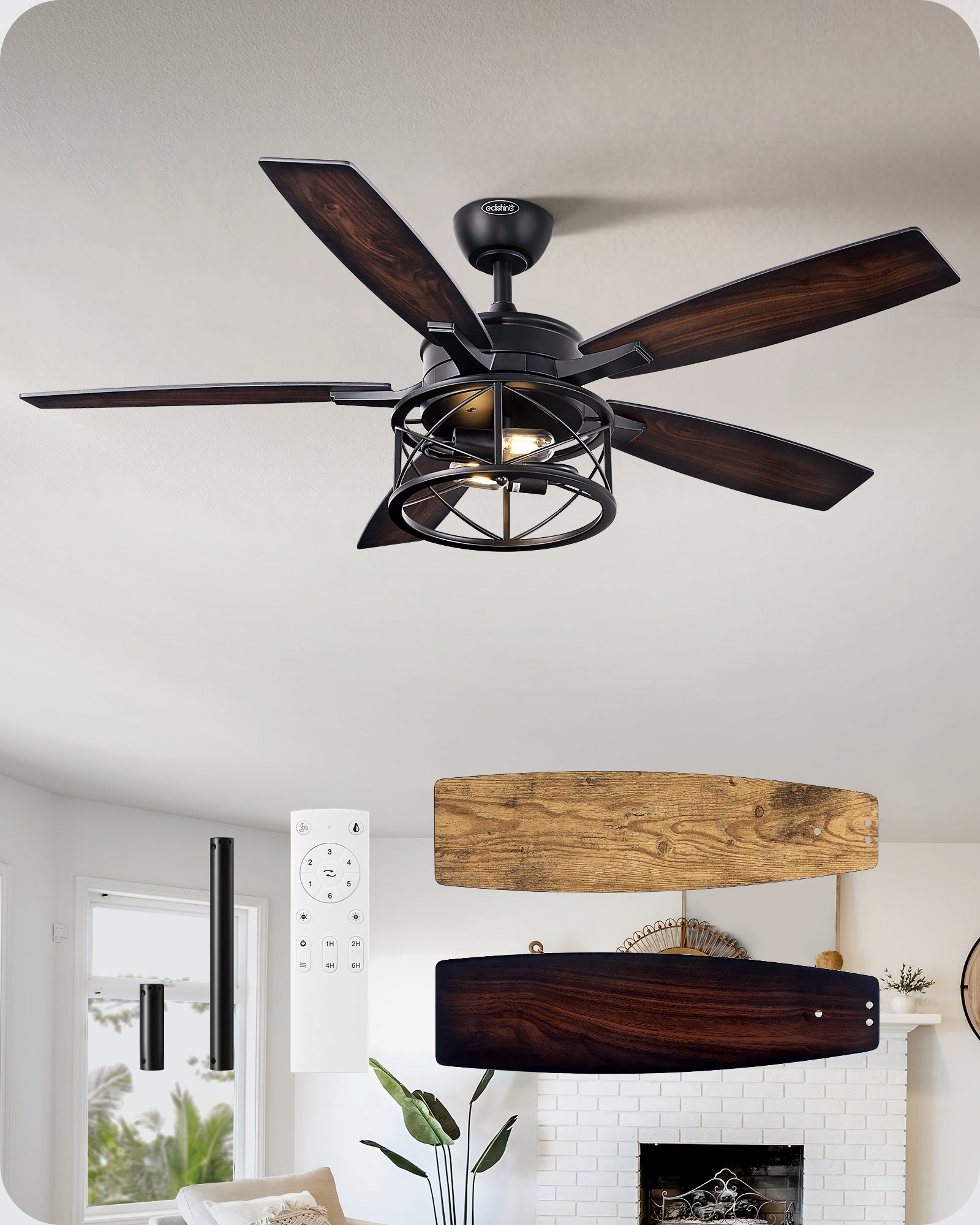 EDISHINE 52 Inch Ceiling Fan with Light and Remote-HCFR01A-B2B