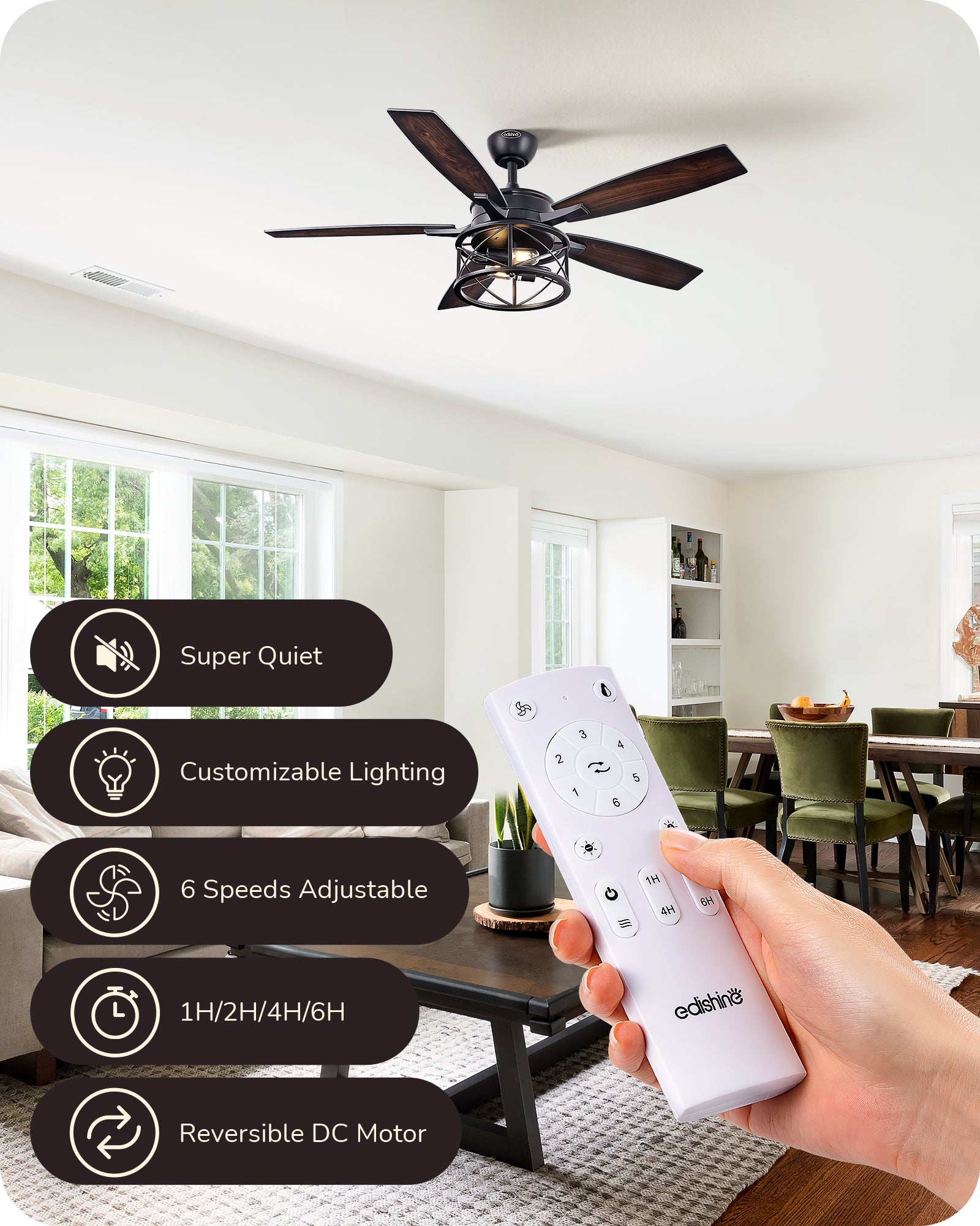 EDISHINE 52 Inch Ceiling Fan with Light and Remote-HCFR01A-B2B