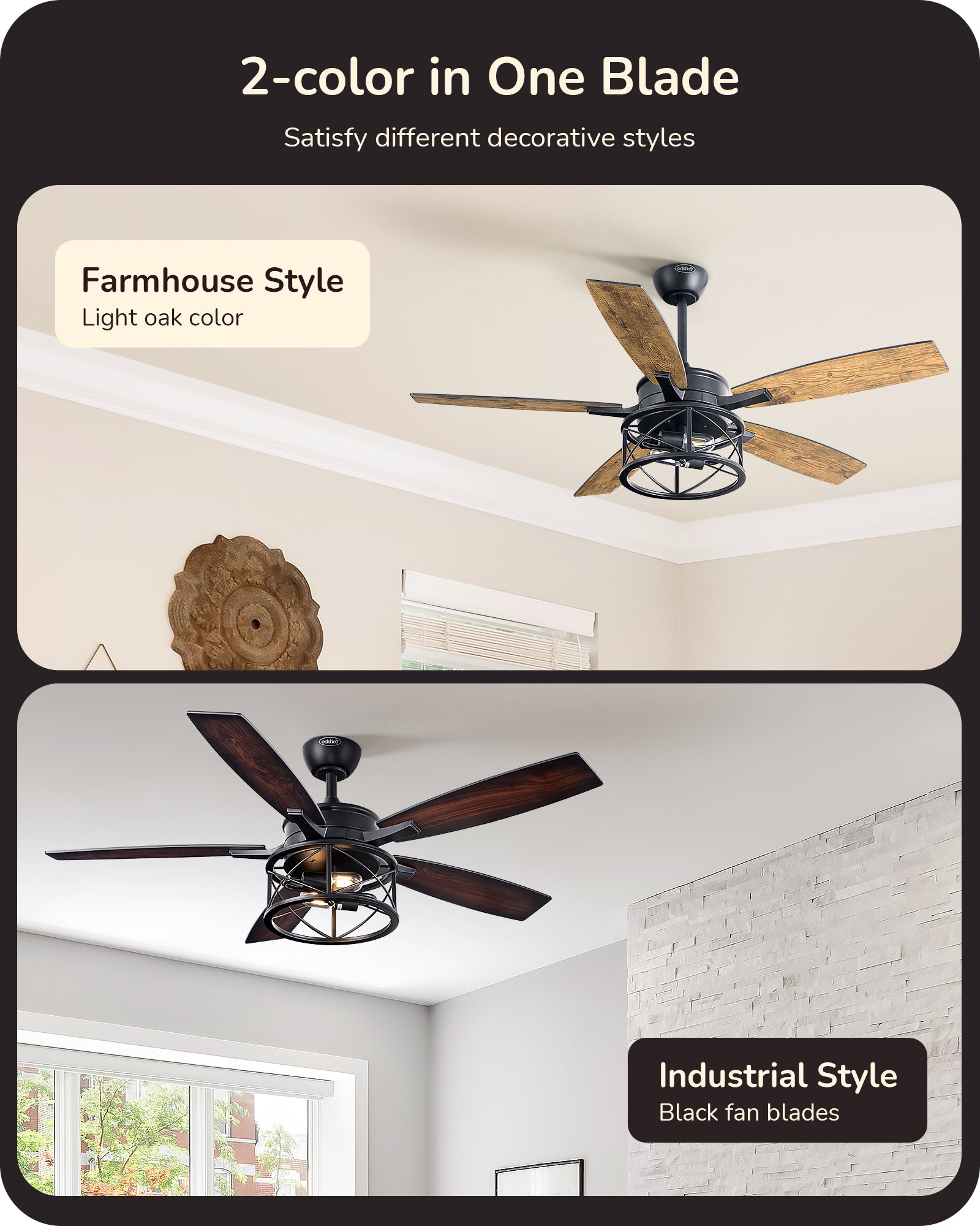 EDISHINE 52 Inch Ceiling Fan with Light and Remote-HCFR01A-B2B