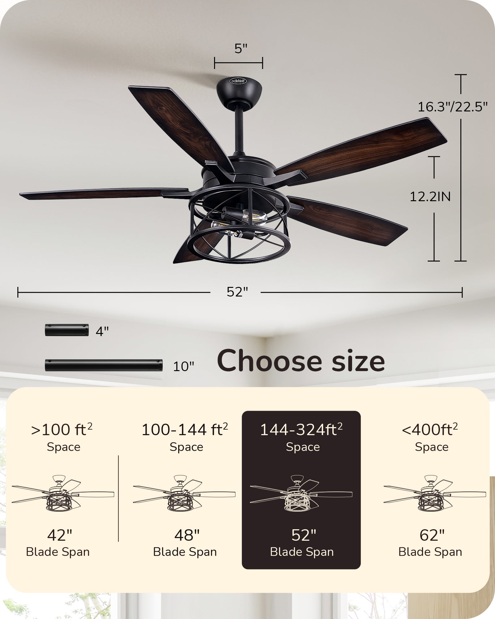 EDISHINE 52 Inch Ceiling Fan with Light and Remote-HCFR01A-B2B