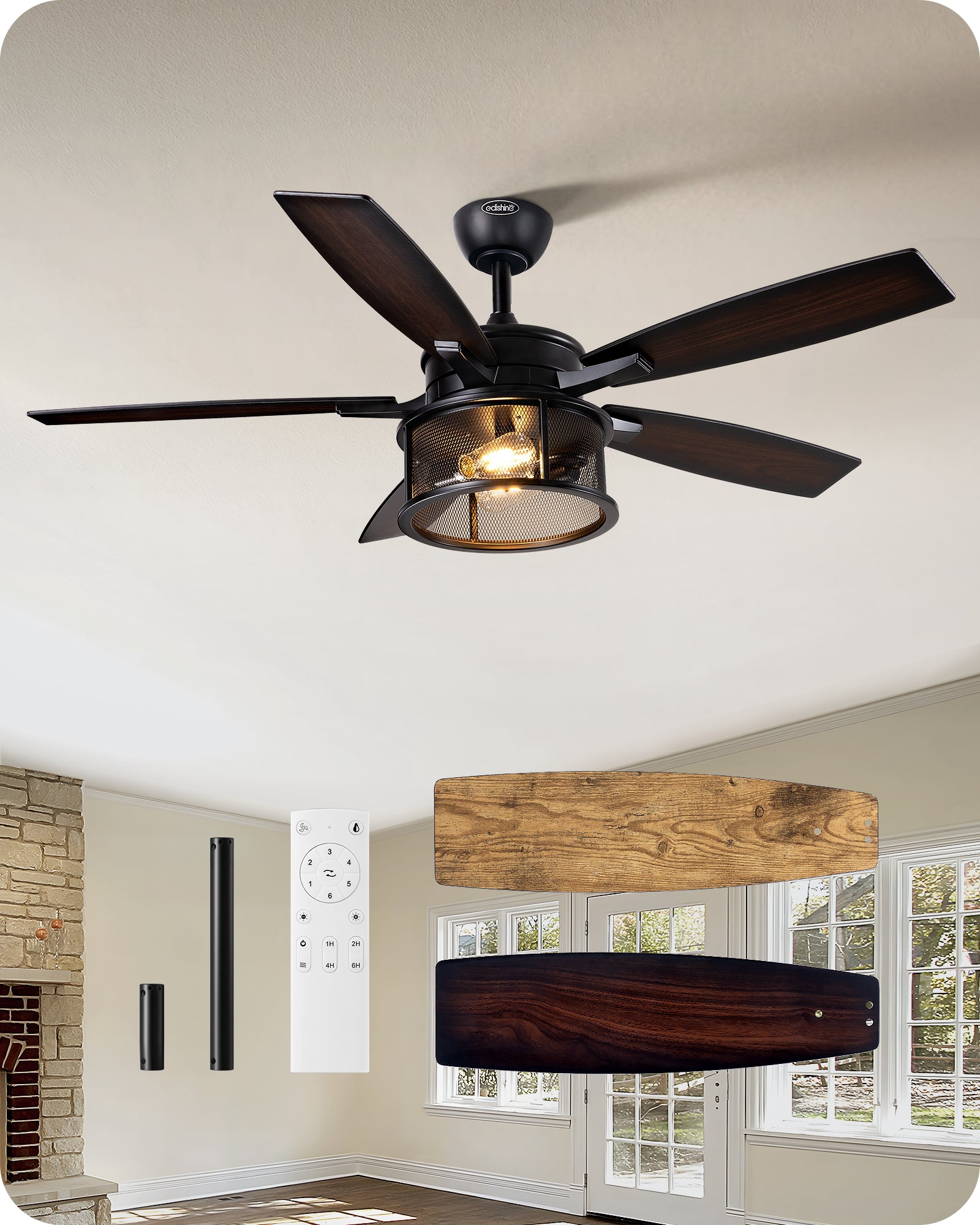 EDISHINE 52 Inch Farmhouse Ceiling Fans with Lights&Remote&Timer-HCFR01B-B2B