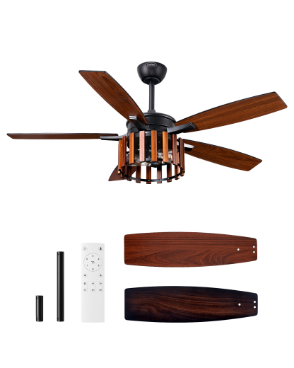 EDISHINE 52" Farmhouse Ceiling Fans with Lights & Remote & Timer, 6 Speeds Reversible DC Motor, E26 Base-HCFR01D