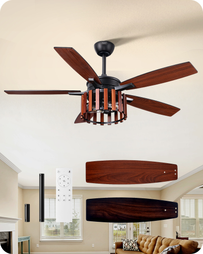 EDISHINE 52" Farmhouse Ceiling Fans with Lights & Remote & Timer, 6 Speeds Reversible DC Motor, E26 Base-HCFR01D