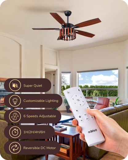 EDISHINE 52" Farmhouse Ceiling Fans with Lights & Remote & Timer, 6 Speeds Reversible DC Motor, E26 Base-HCFR01D