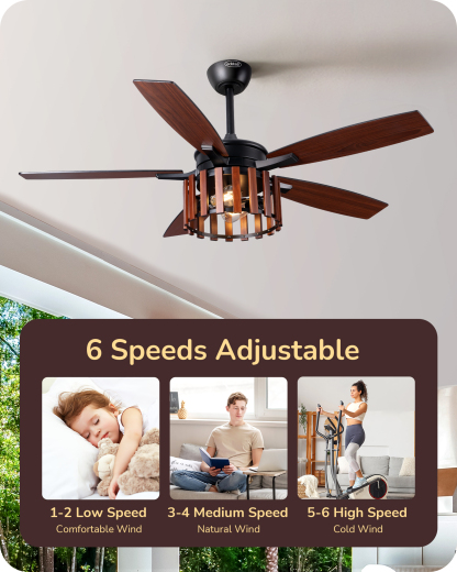 EDISHINE 52" Farmhouse Ceiling Fans with Lights & Remote & Timer, 6 Speeds Reversible DC Motor, E26 Base-HCFR01D
