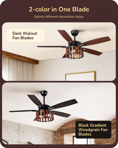 EDISHINE 52" Farmhouse Ceiling Fans with Lights & Remote & Timer, 6 Speeds Reversible DC Motor, E26 Base-HCFR01D