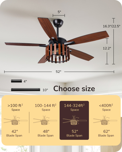 EDISHINE 52" Farmhouse Ceiling Fans with Lights & Remote & Timer, 6 Speeds Reversible DC Motor, E26 Base-HCFR01D