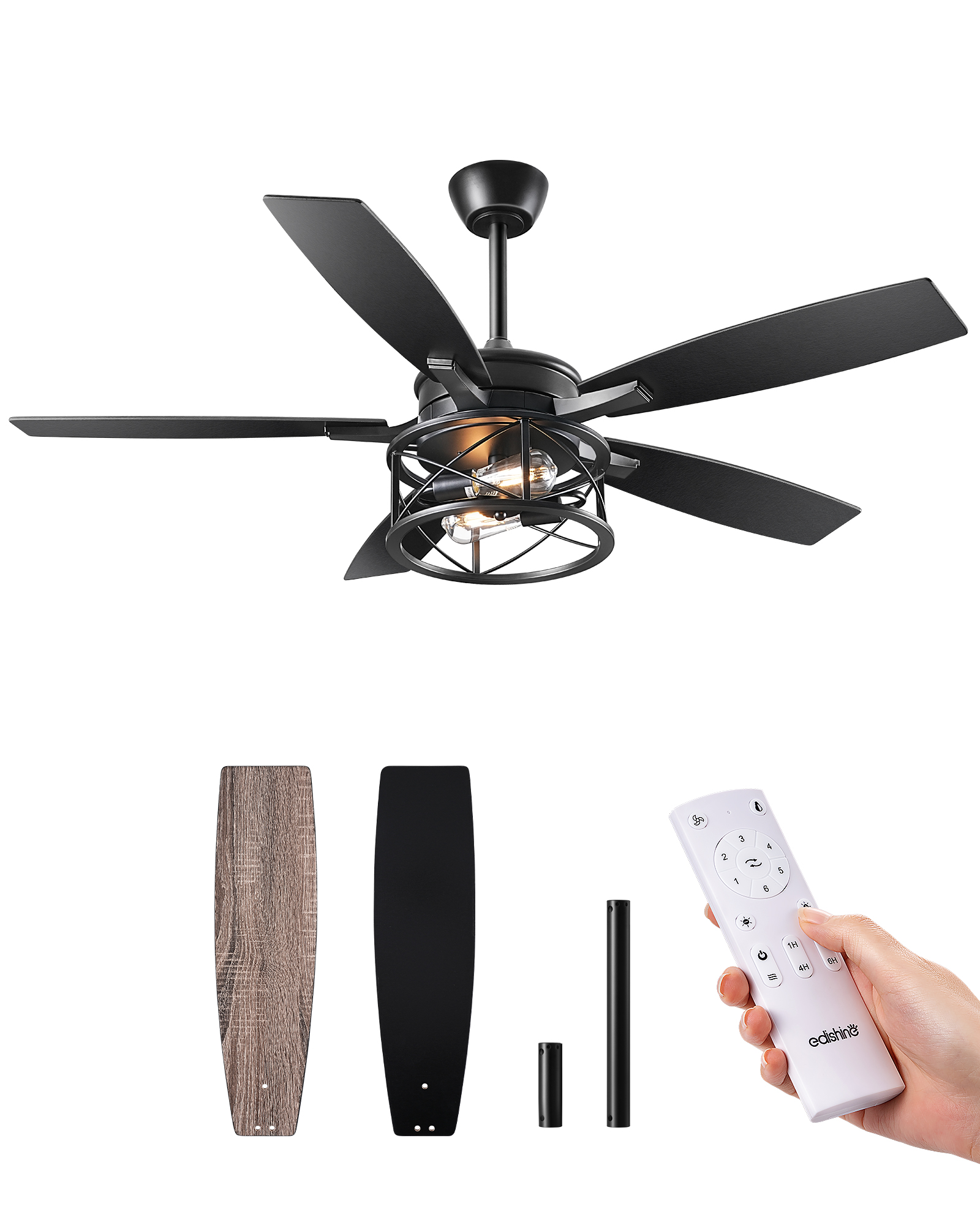 EDISHINE 52" Black Farmhouse Ceiling Fans With Lights and Remote -HCFR01E
