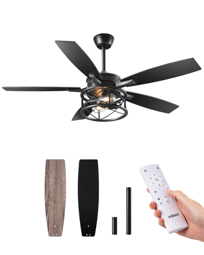 EDISHINE 52" Black Farmhouse Ceiling Fans With Lights and Remote -HCFR01E