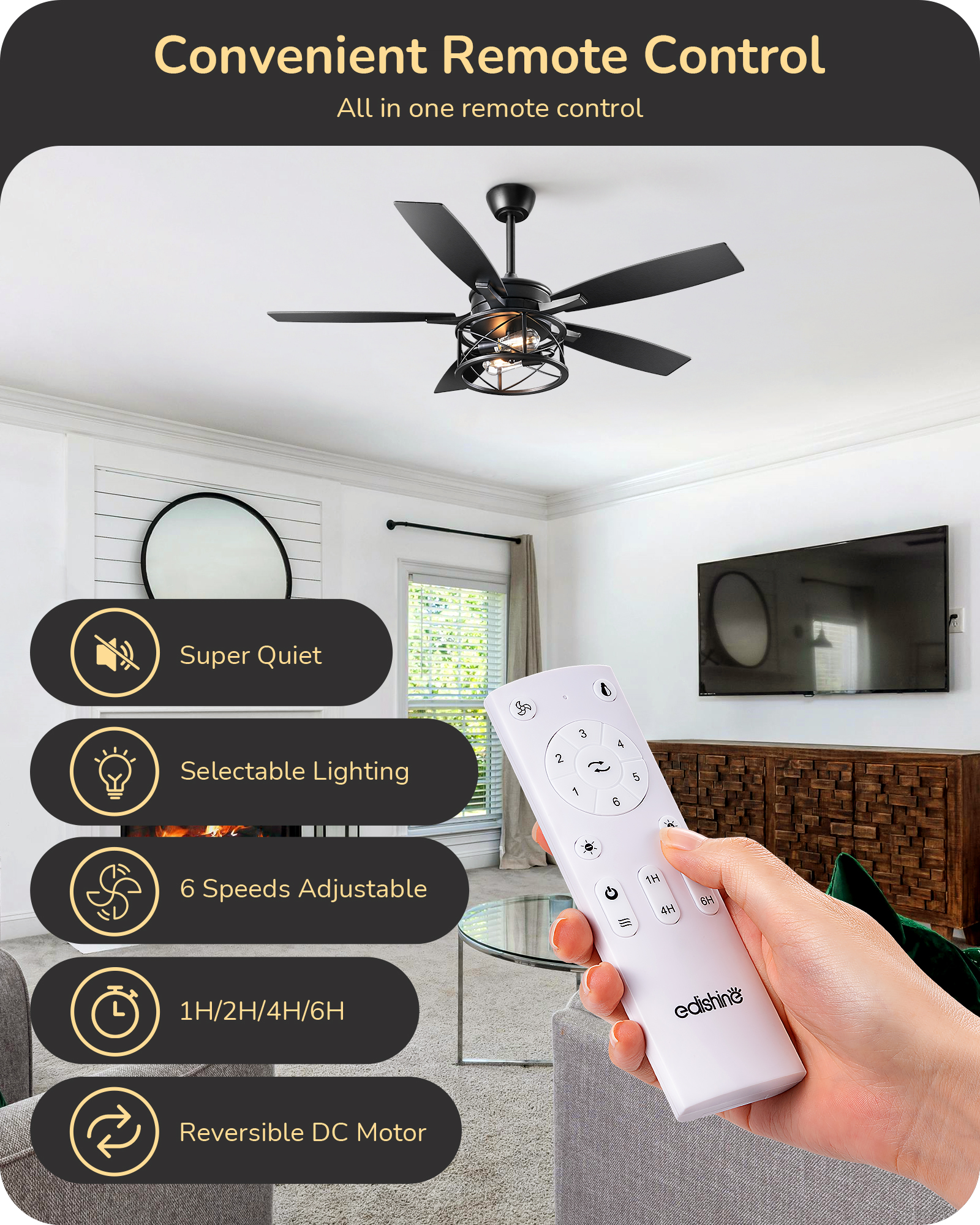 EDISHINE 52" Black Farmhouse Ceiling Fans With Lights and Remote -HCFR01E