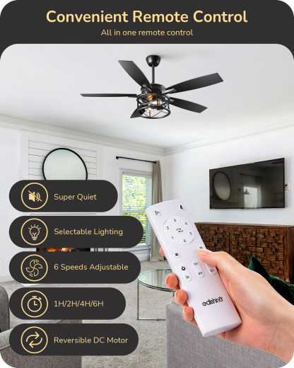 EDISHINE 52" Black Farmhouse Ceiling Fans With Lights and Remote -HCFR01E