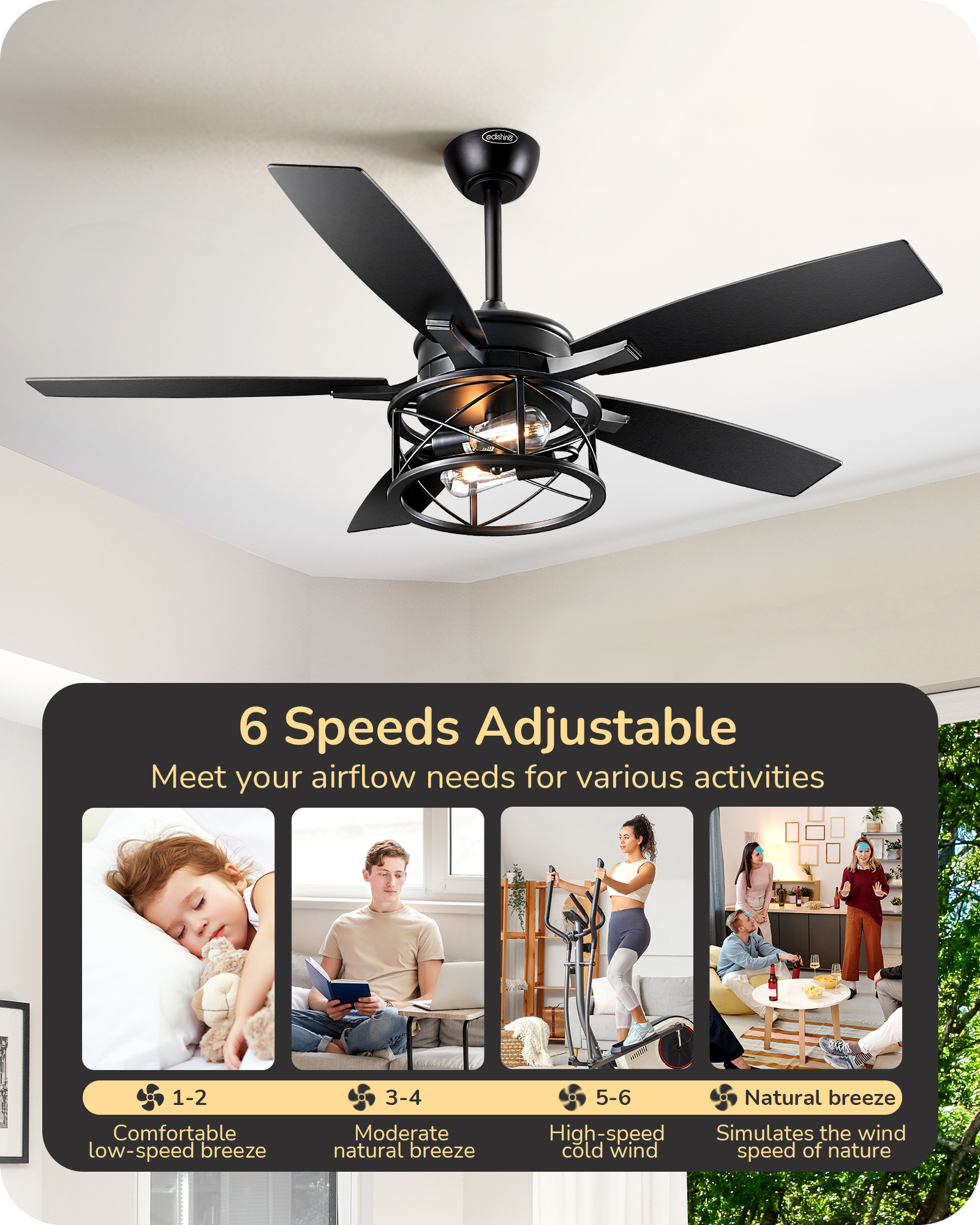EDISHINE 52" Black Farmhouse Ceiling Fans With Lights and Remote -HCFR01E
