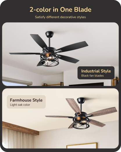 EDISHINE 52" Black Farmhouse Ceiling Fans With Lights and Remote -HCFR01E