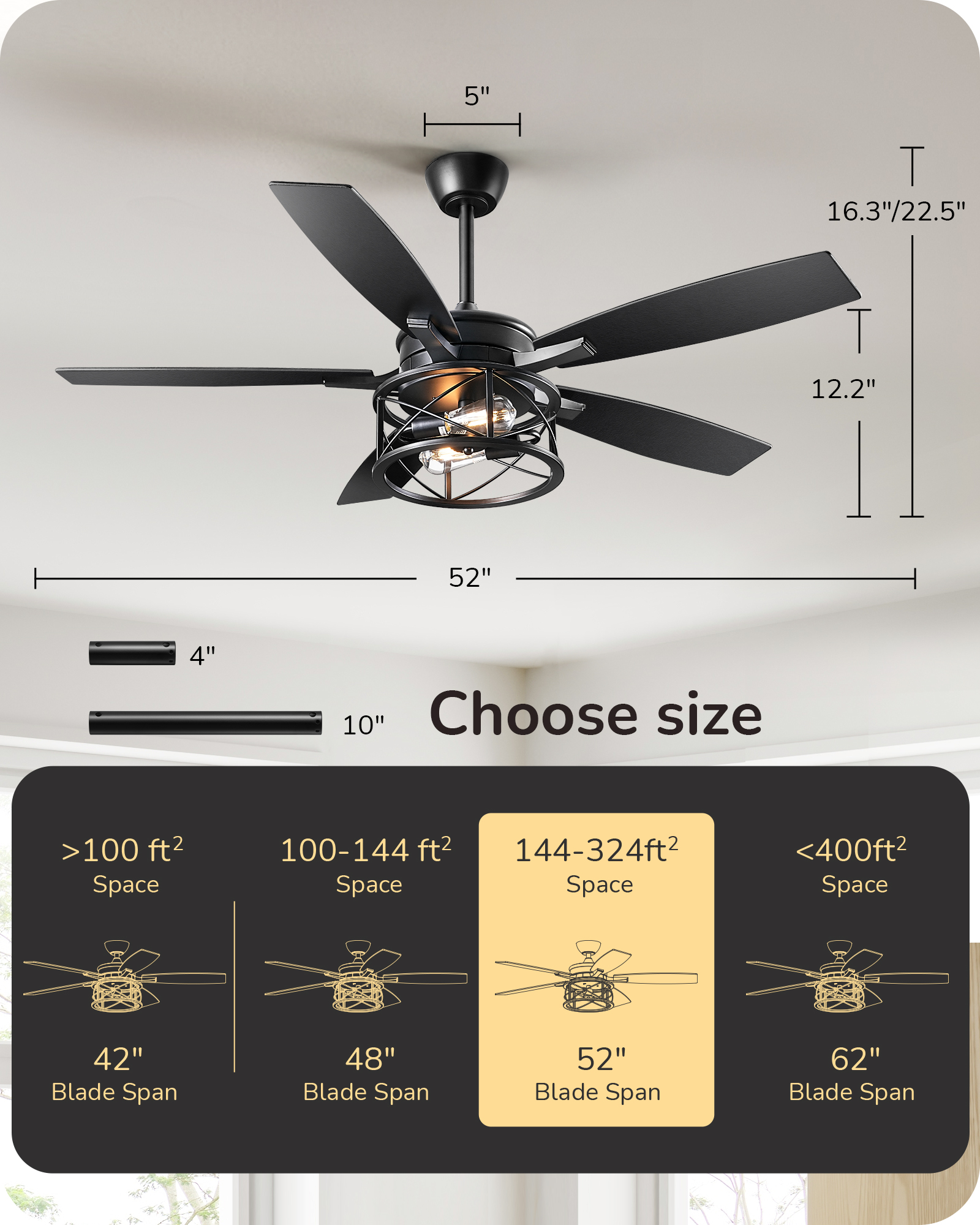 EDISHINE 52" Black Farmhouse Ceiling Fans With Lights and Remote -HCFR01E