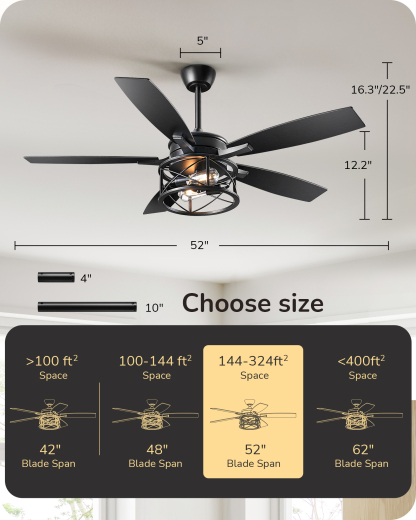 EDISHINE 52" Black Farmhouse Ceiling Fans With Lights and Remote -HCFR01E