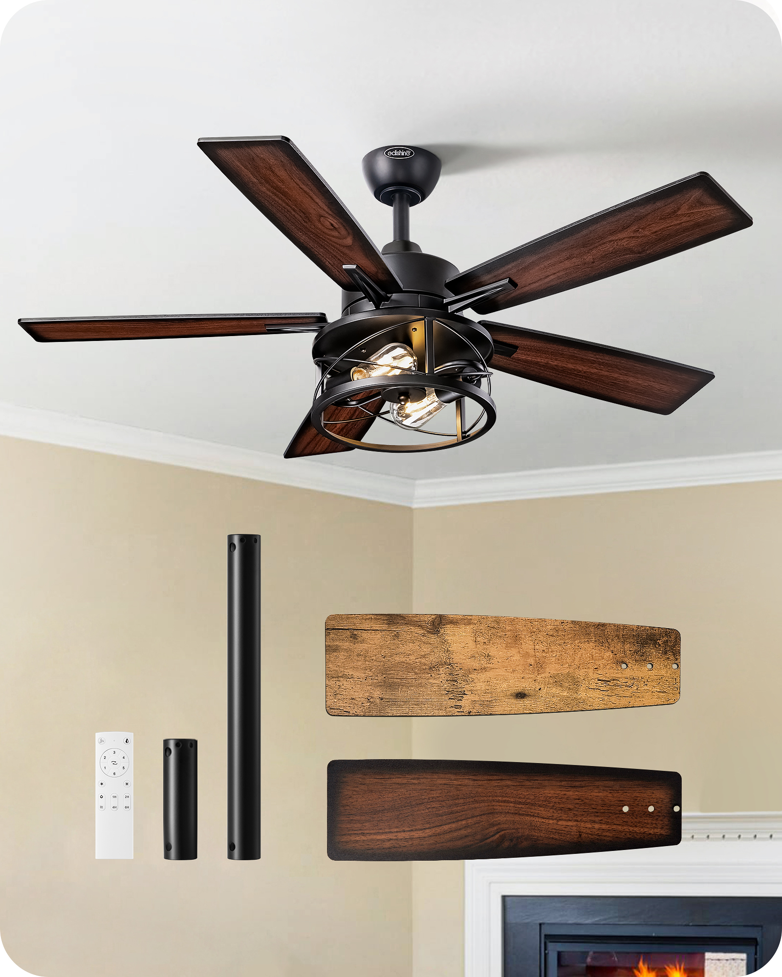 EDISHINE 42 in Farmhouse Ceiling Fans with Lights-HCFR01F