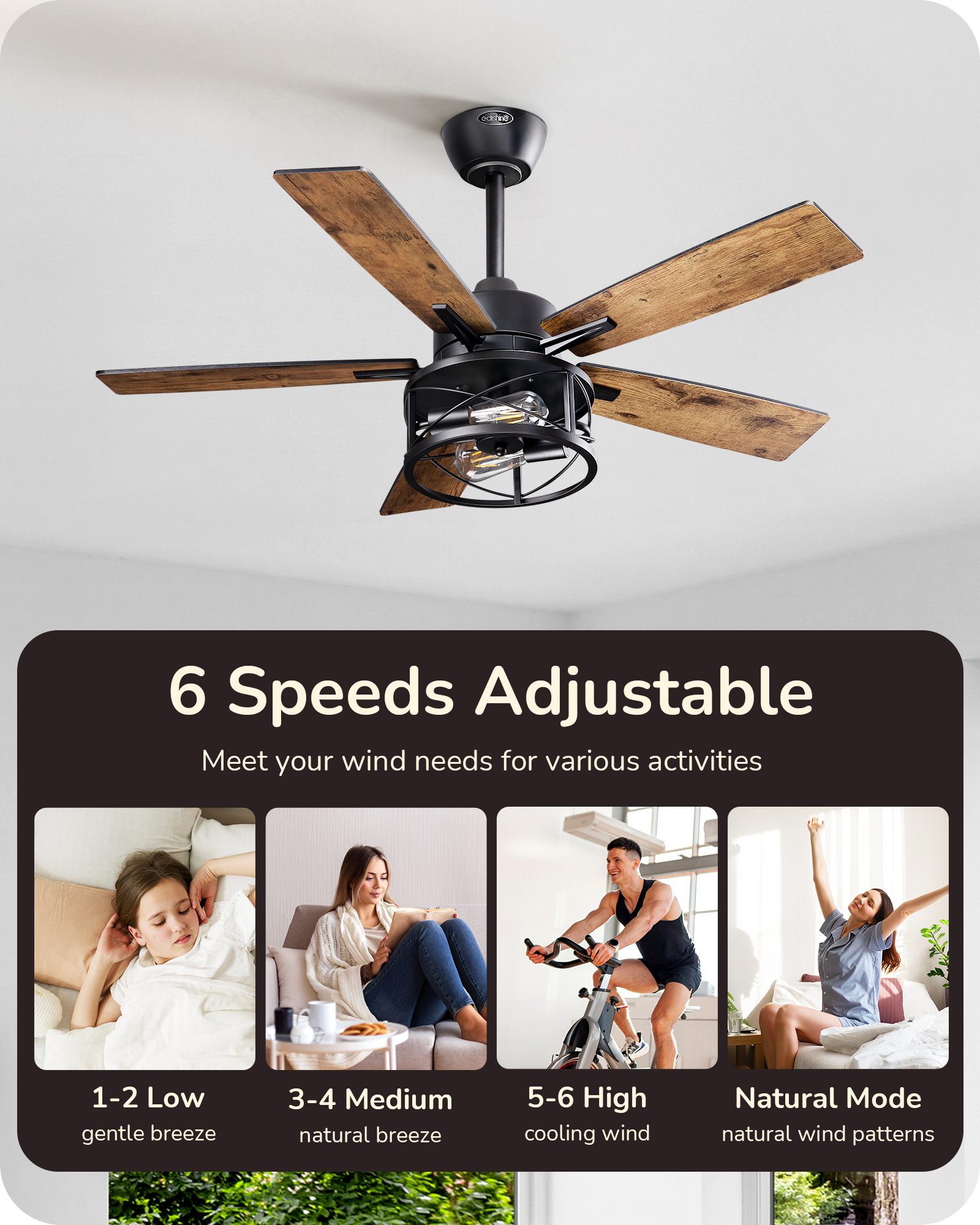 EDISHINE 42 in Farmhouse Ceiling Fans with Lights-HCFR01F