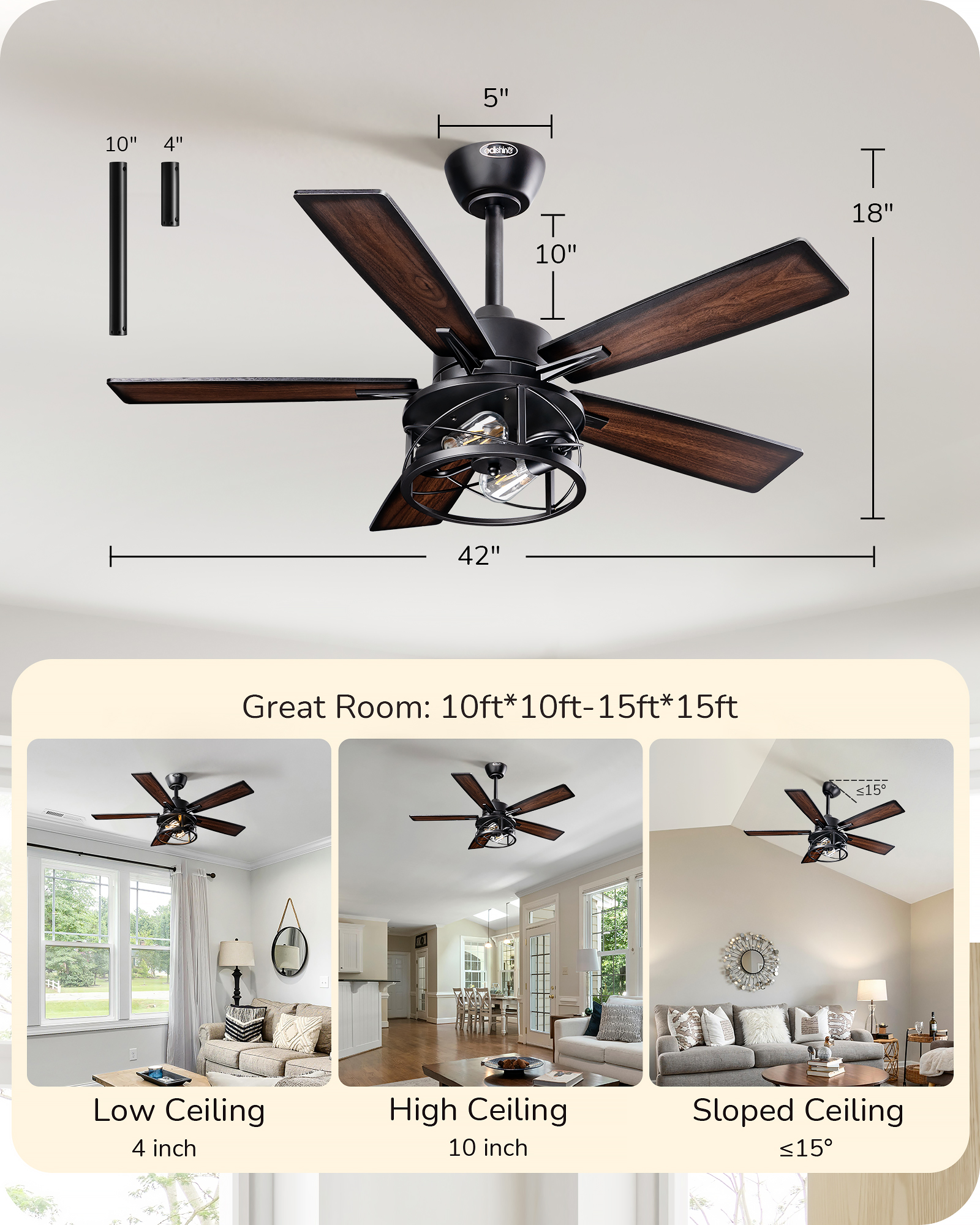EDISHINE 42 in Farmhouse Ceiling Fans with Lights-HCFR01F