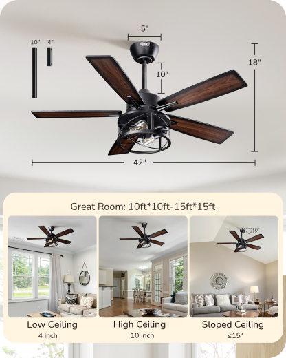 EDISHINE 42 in Farmhouse Ceiling Fans with Lights-HCFR01F