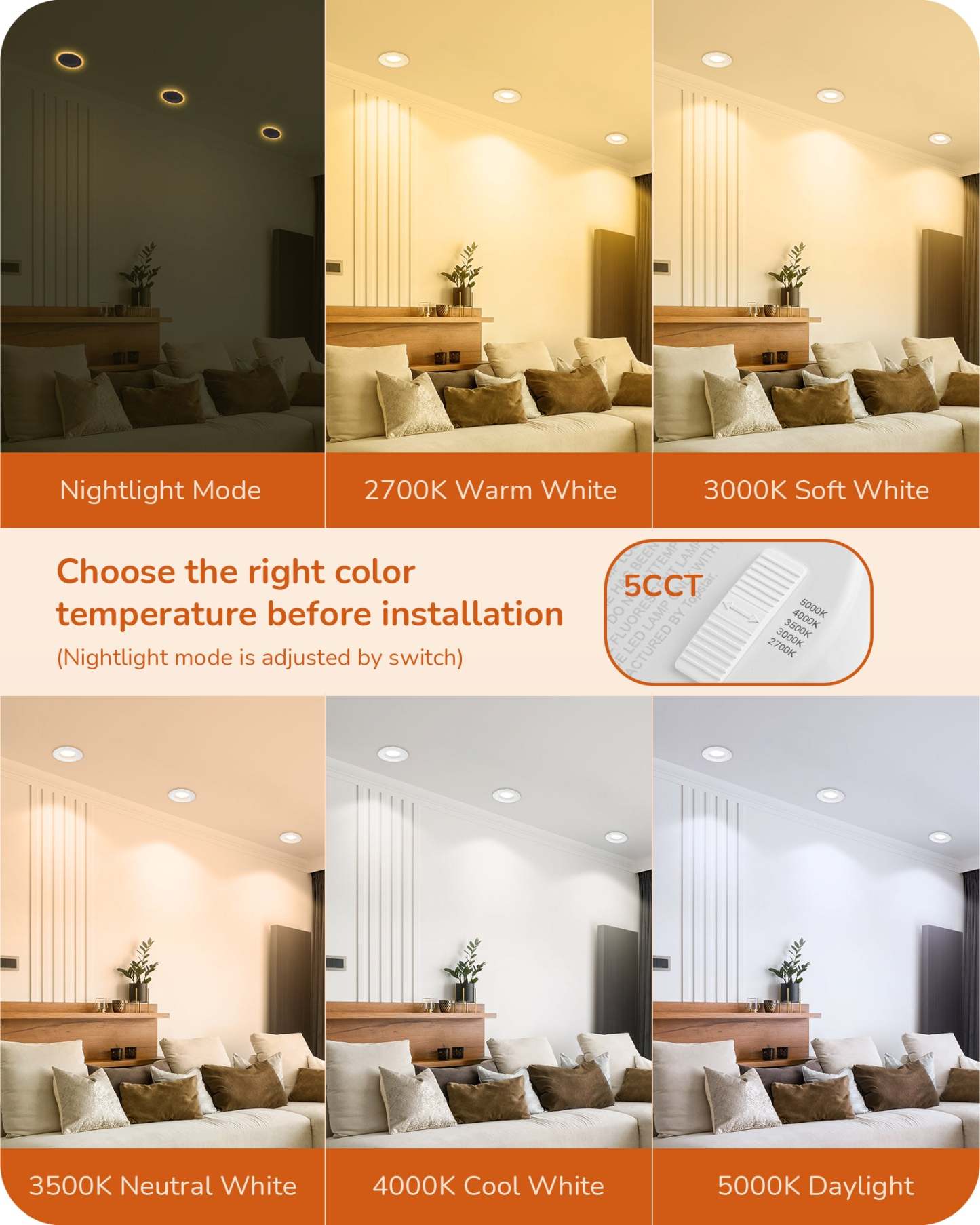 EDISHINE Dimmable 12 Pack 4 Inch 5CCT LED Recessed Lighting with Night Light-HCRL04B