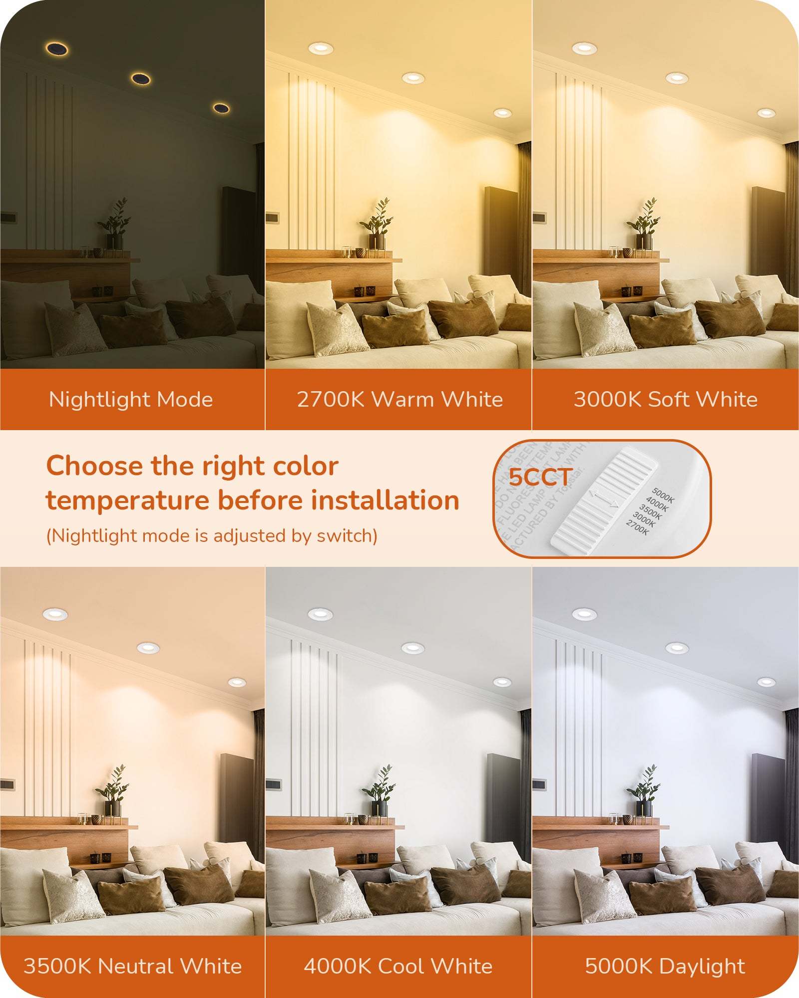 EDISHINE Dimmable 12 Pack 4 Inch 5CCT LED Recessed Lighting with Night Light-HCRL04B