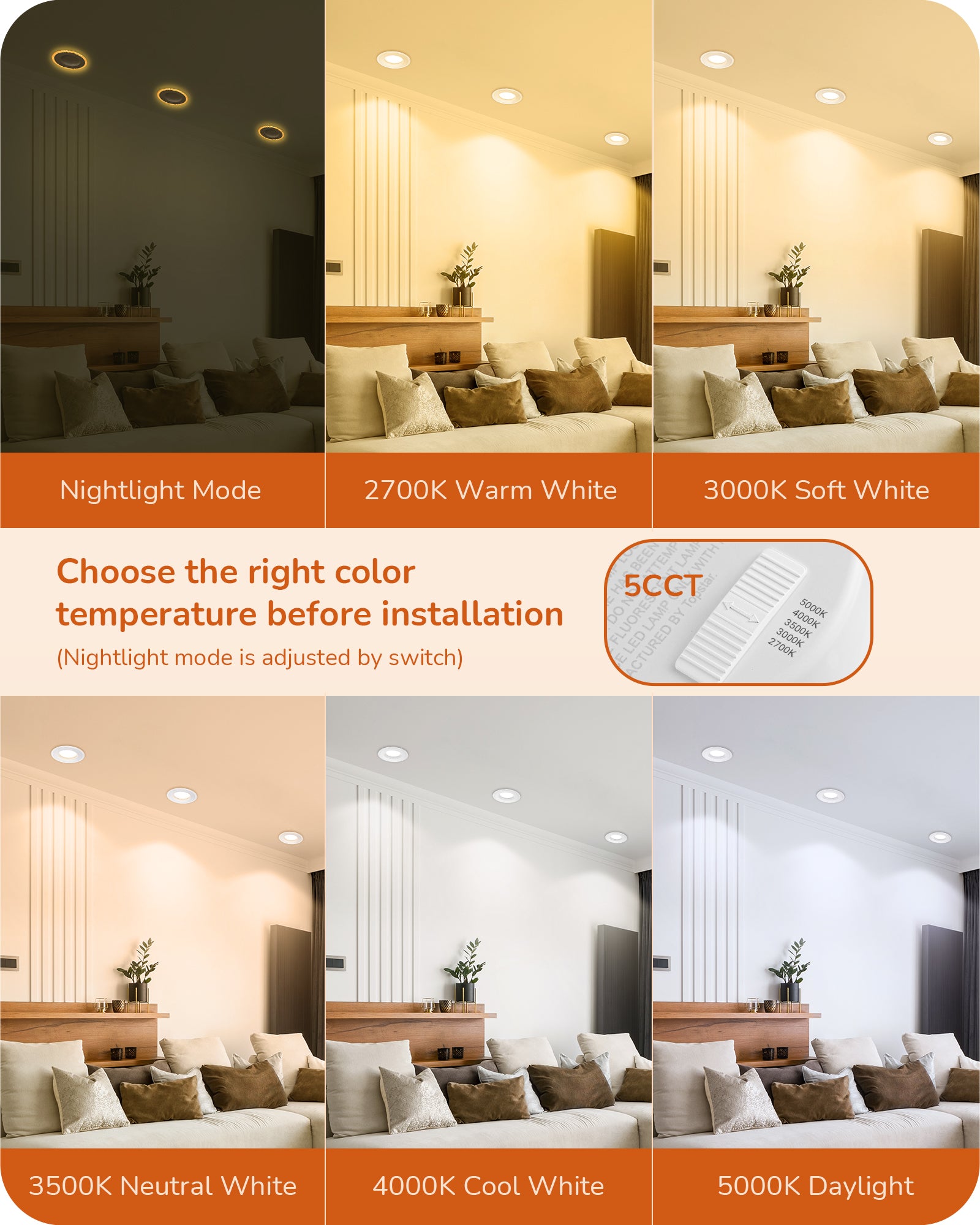 EDISHINE Dimmable 12 Pack 6 Inch 5CCT LED Recessed Lighting with Night Light-HCRL06B