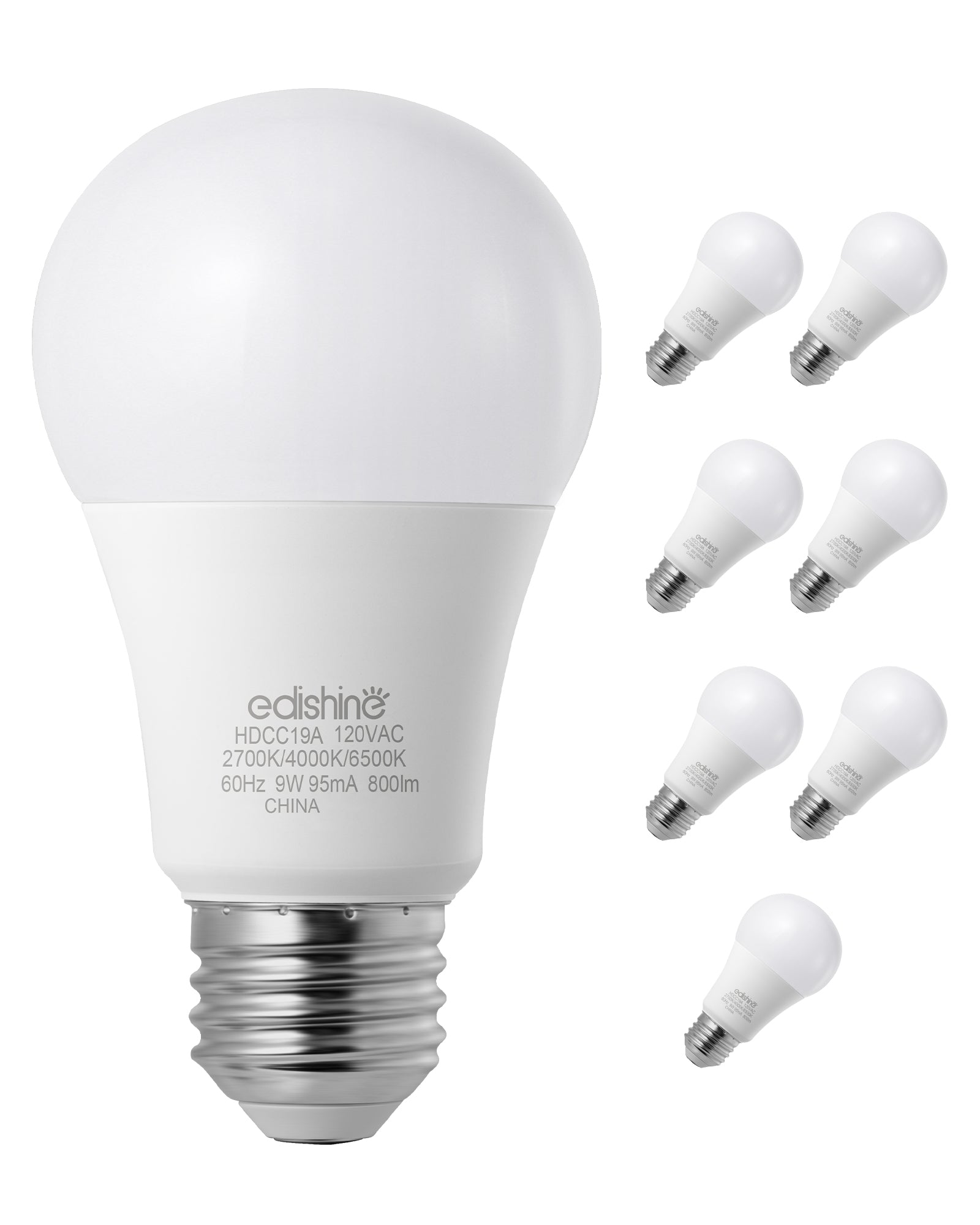 EDISHINE Dimmable LED Light Bulb, 800LM, 3 Color Temperature 2700K/4000K/6500K A19 LED Bulb, Energy Saving 9W(60W Equivalent), E26 Base Light Bulbs for Bedroom, Living Room, 8 Pack-HDCC19A