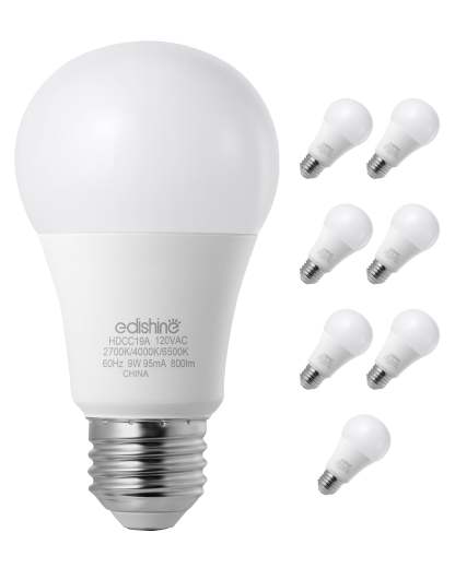 EDISHINE Dimmable LED Light Bulb, 800LM, 3 Color Temperature 2700K/4000K/6500K A19 LED Bulb, Energy Saving 9W(60W Equivalent), E26 Base Light Bulbs for Bedroom, Living Room, 8 Pack-HDCC19A
