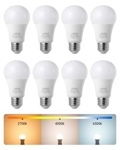 EDISHINE Dimmable LED Light Bulb, 800LM, 3 Color Temperature 2700K/4000K/6500K A19 LED Bulb, Energy Saving 9W(60W Equivalent), E26 Base Light Bulbs for Bedroom, Living Room, 8 Pack-HDCC19A