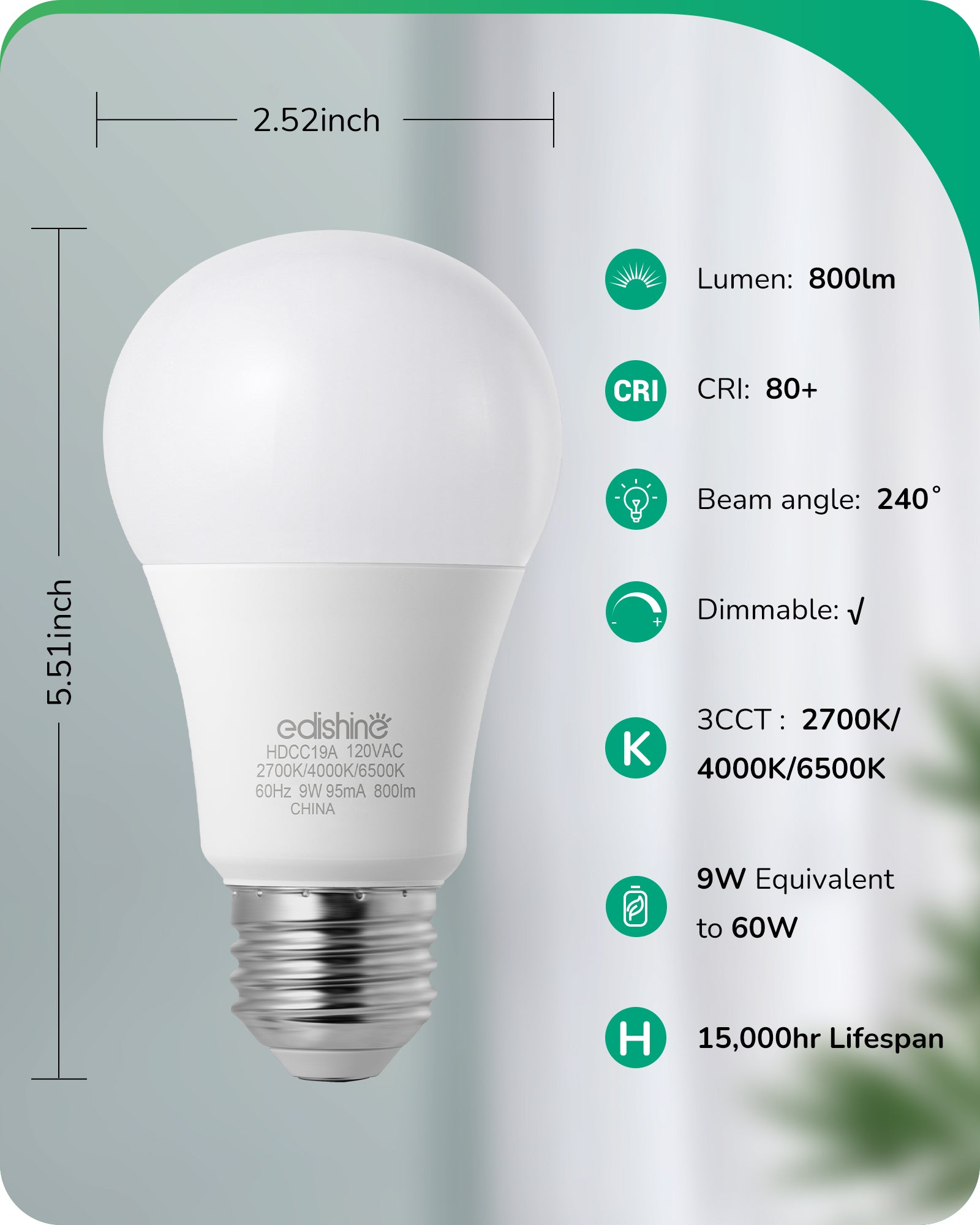 EDISHINE Dimmable LED Light Bulb, 800LM, 3 Color Temperature 2700K/4000K/6500K A19 LED Bulb, Energy Saving 9W(60W Equivalent), E26 Base Light Bulbs for Bedroom, Living Room, 8 Pack-HDCC19A