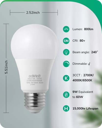 EDISHINE Dimmable LED Light Bulb, 800LM, 3 Color Temperature 2700K/4000K/6500K A19 LED Bulb, Energy Saving 9W(60W Equivalent), E26 Base Light Bulbs for Bedroom, Living Room, 8 Pack-HDCC19A