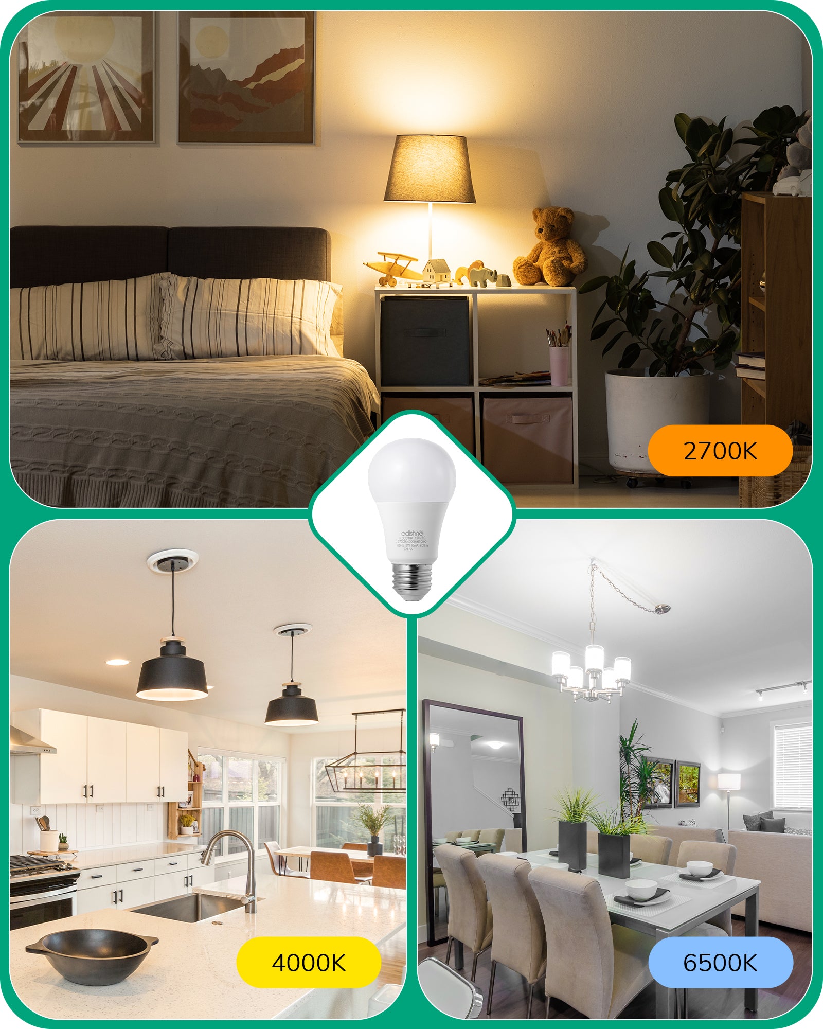 EDISHINE Dimmable LED Light Bulb, 800LM, 3 Color Temperature 2700K/4000K/6500K A19 LED Bulb, Energy Saving 9W(60W Equivalent), E26 Base Light Bulbs for Bedroom, Living Room, 8 Pack-HDCC19A