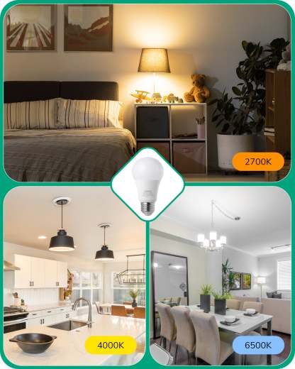 EDISHINE Dimmable LED Light Bulb, 800LM, 3 Color Temperature 2700K/4000K/6500K A19 LED Bulb, Energy Saving 9W(60W Equivalent), E26 Base Light Bulbs for Bedroom, Living Room, 8 Pack-HDCC19A