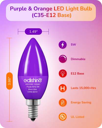 缺货下架EDISHINE 6 Pack Purple & Orange Dimmable Light Bulb-HDCC35C