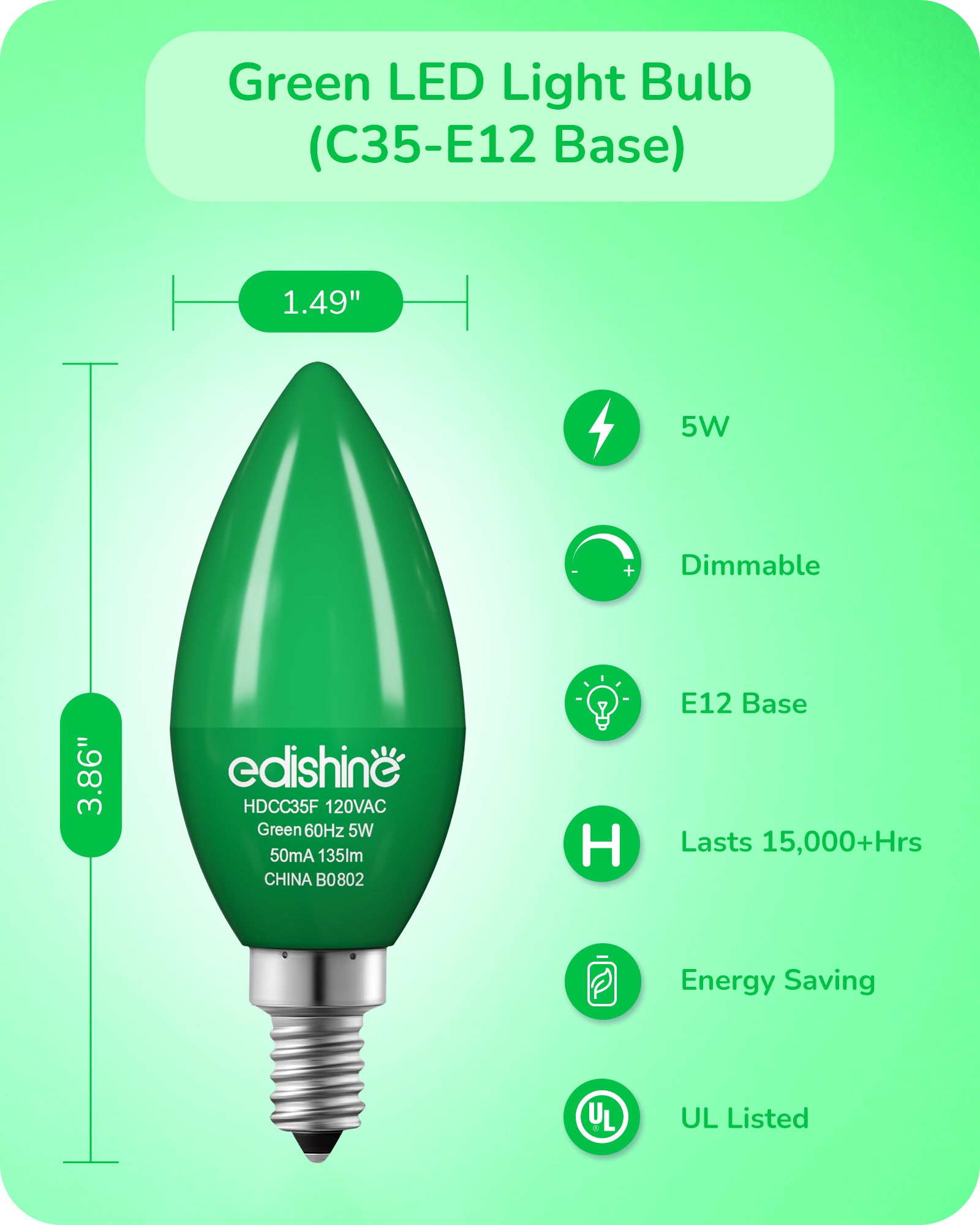 EDISHINE Dimmable Green Light Bulb (6 Pack)-HDCC35G-B2B
