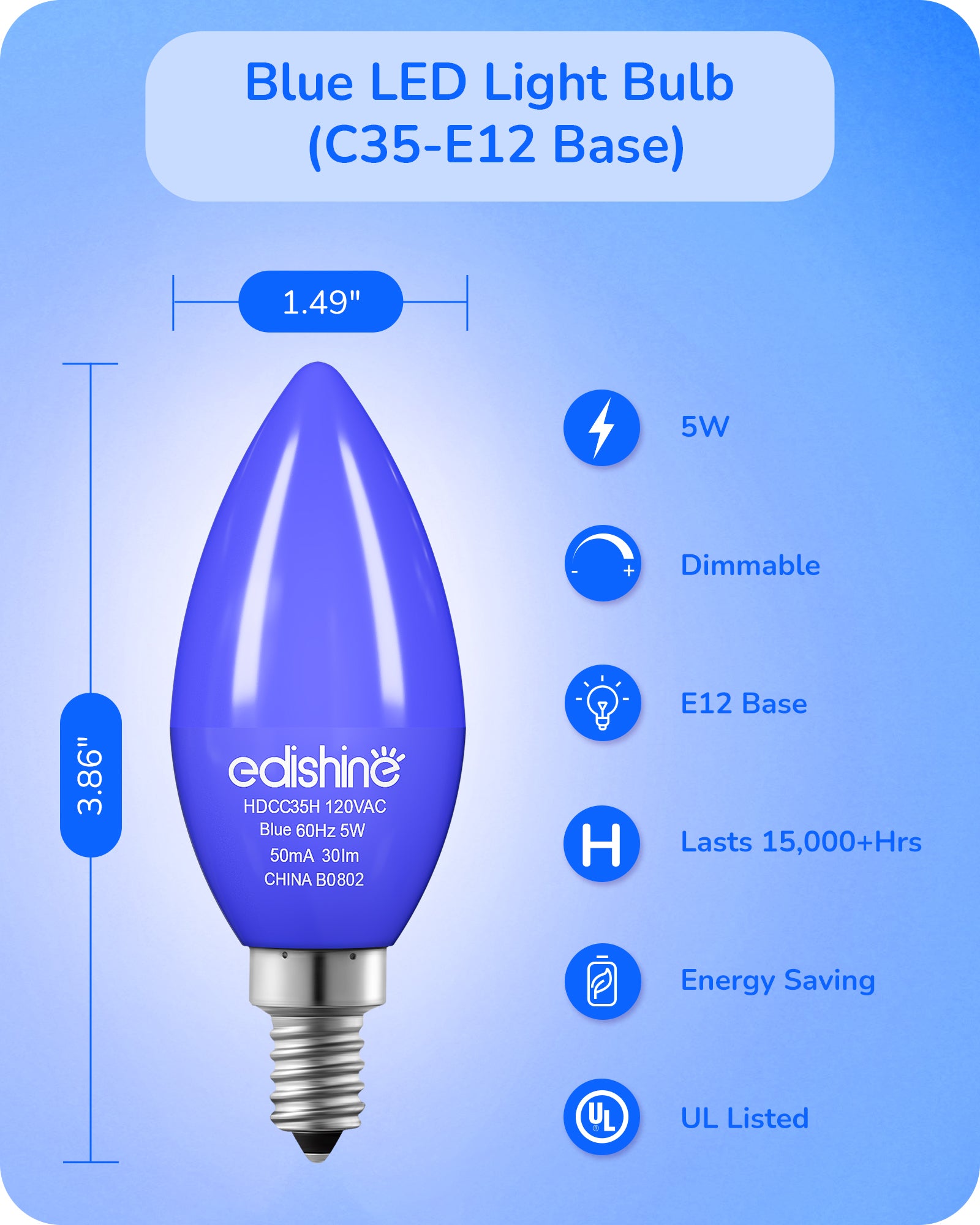 EDISHINE Dimmable Blue Light Bulb (6 Pack)-HDCC35H-B2B
