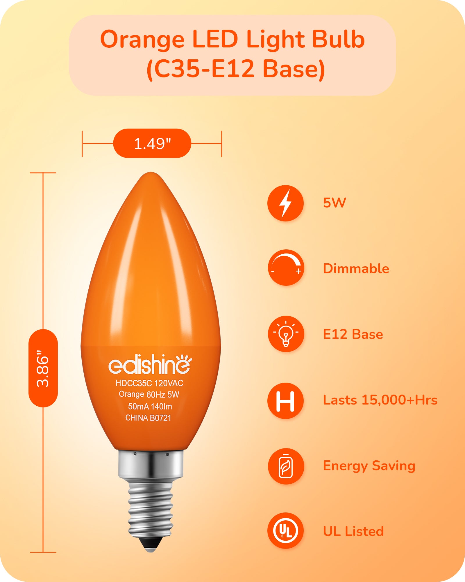 缺货下架EDISHINE 6 Pack Orange Dimmable Light Bulb-HDCC35B