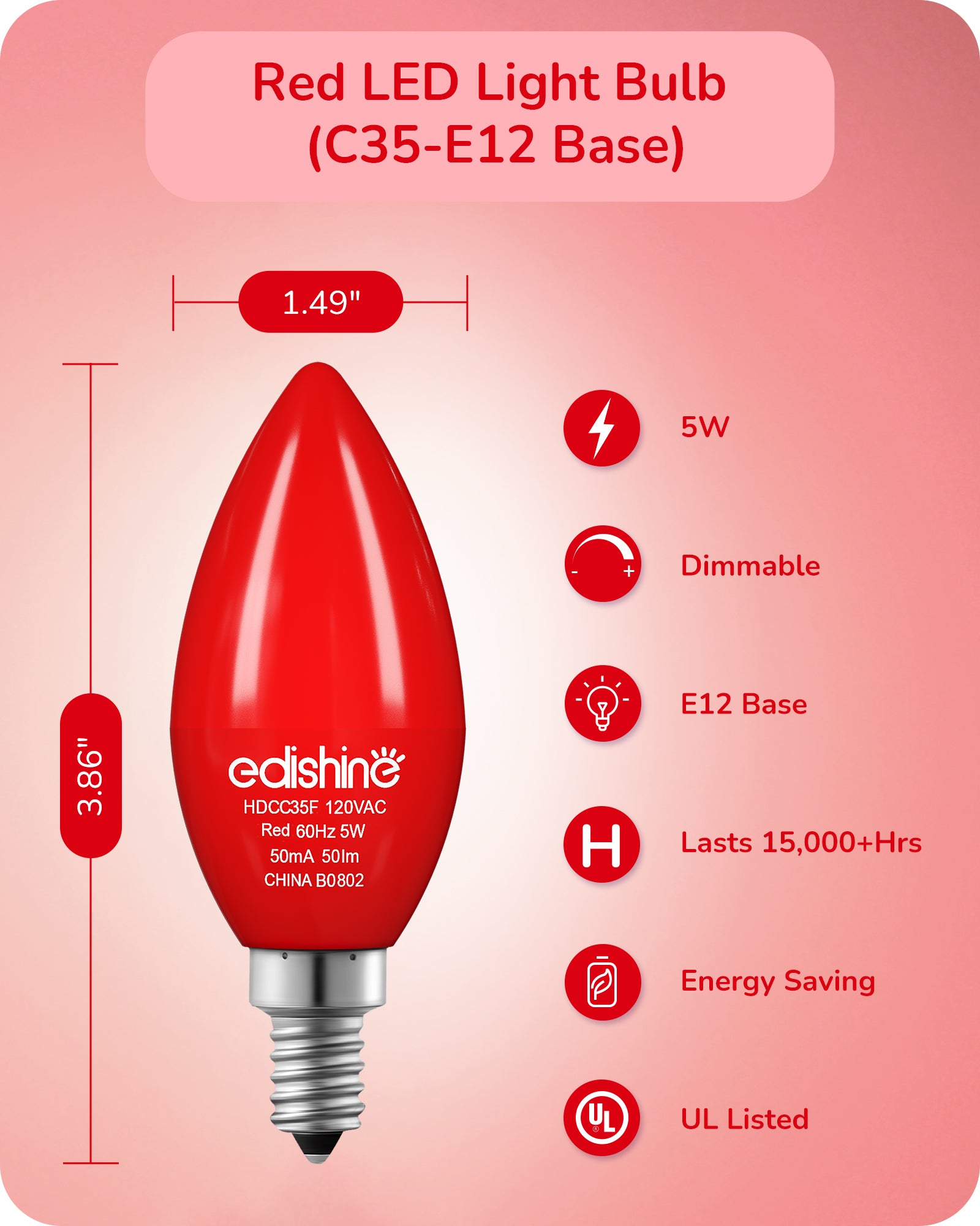 EDISHINE Dimmable Red Light Bulb (6 Pack)-HDCC35F-B2B