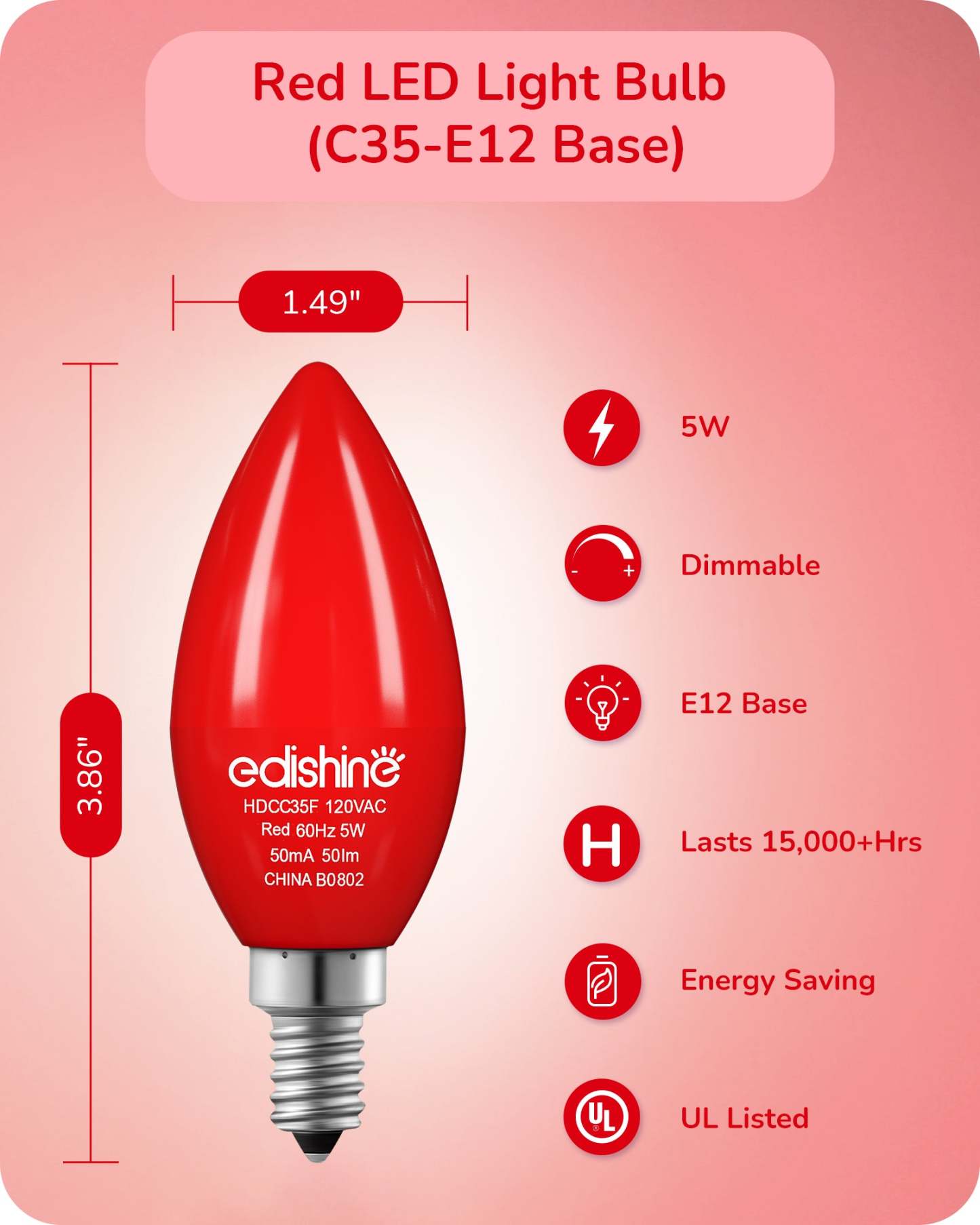 EDISHINE Dimmable Red Light Bulb (6 Pack)-HDCC35F-B2B