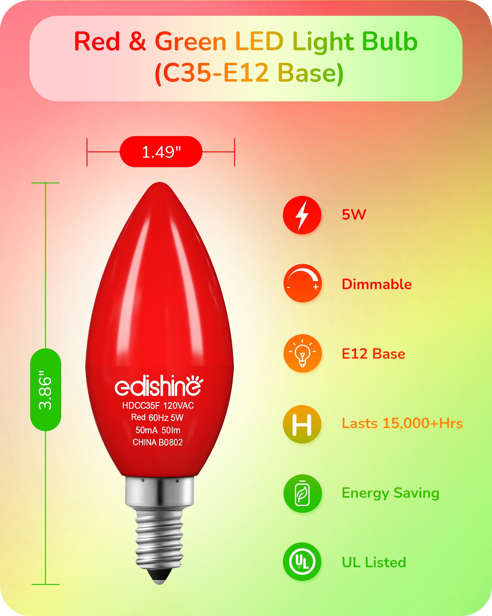 缺货下架EDISHINE Dimmable Red Green Light Bulb (6 Pack)-HDCC35J