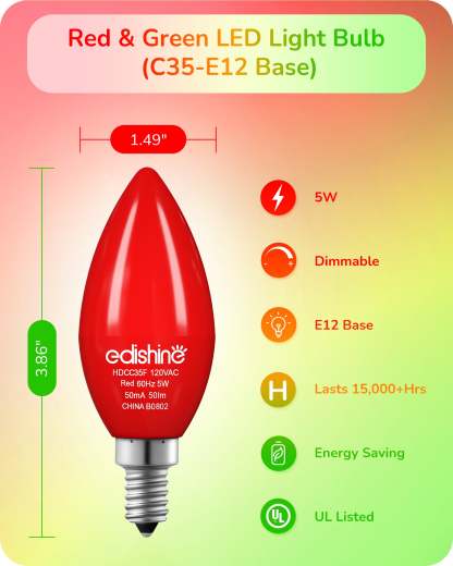 缺货下架EDISHINE Dimmable Red Green Light Bulb (6 Pack)-HDCC35J