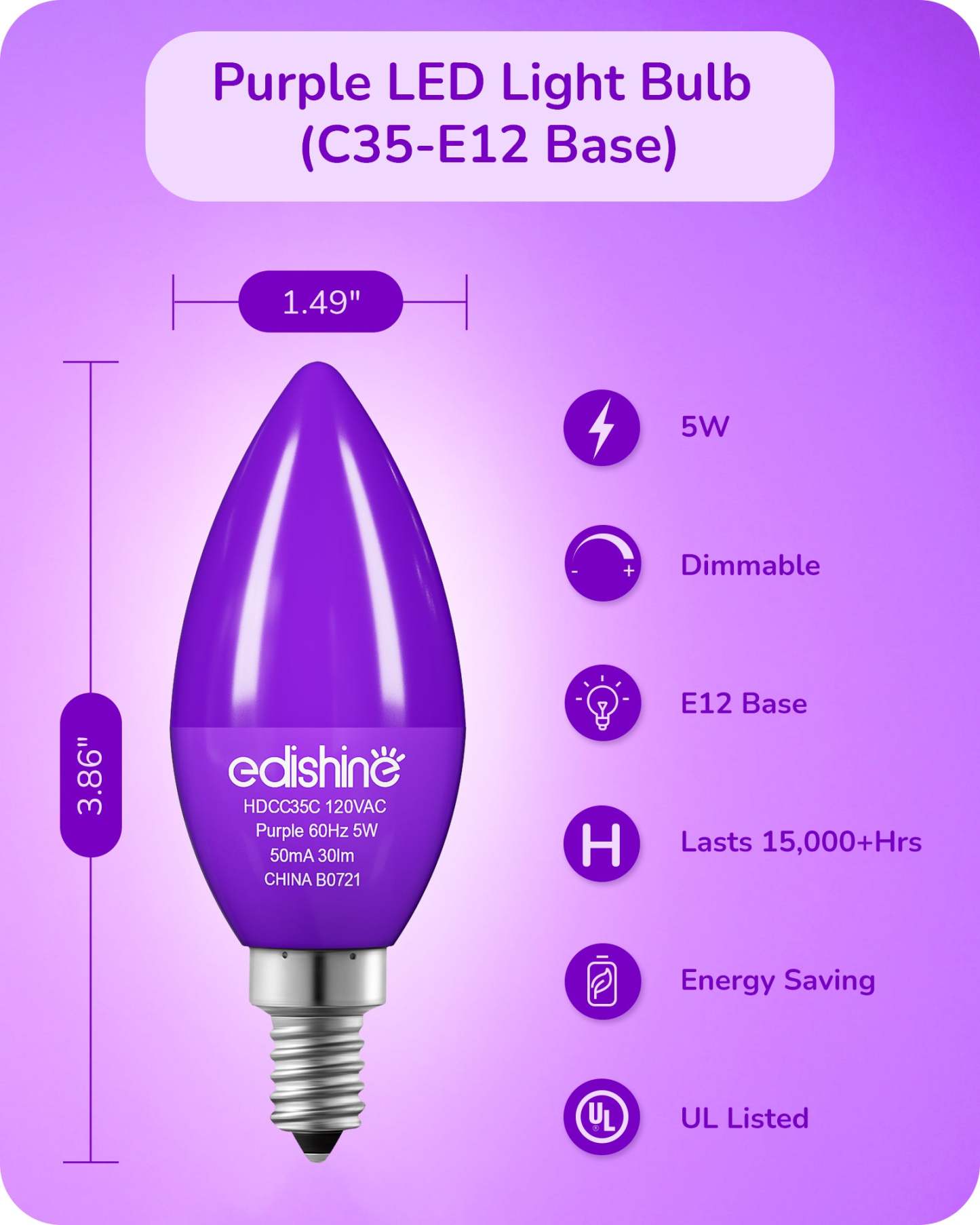 EDISHINE 6 Pack Dimmable Purple Light Bulb-HDCC35A