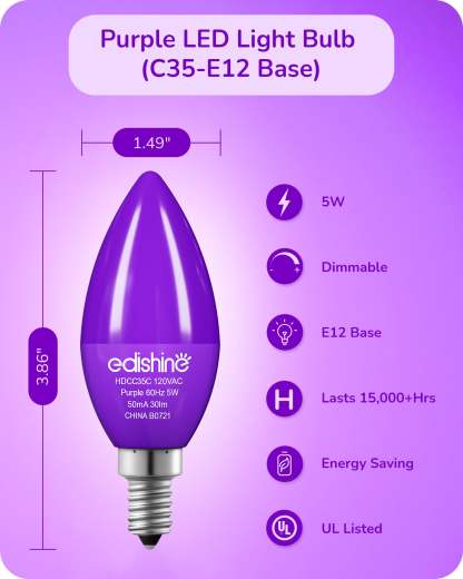 EDISHINE 6 Pack Dimmable Purple Light Bulb-HDCC35A