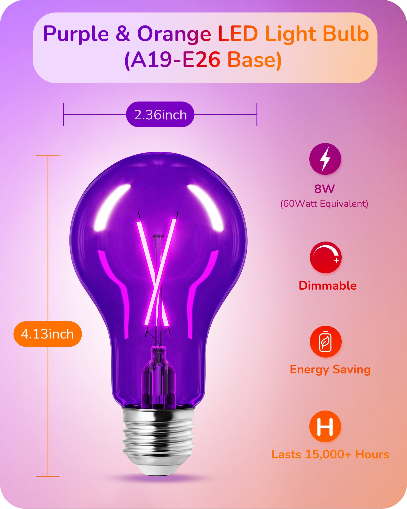 缺货下架EDISHINE 4 Pack Dimmable Purple & Orange Light Bulb-HDCF19C