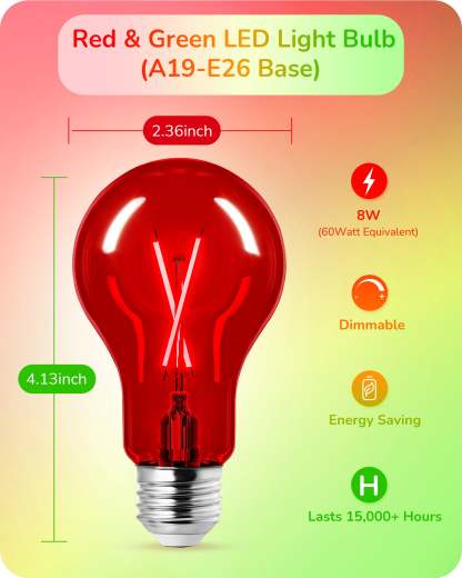 EDISHINE 4 Pack Red & Green Dimmable Light Bulb-HDCF19J-B2B