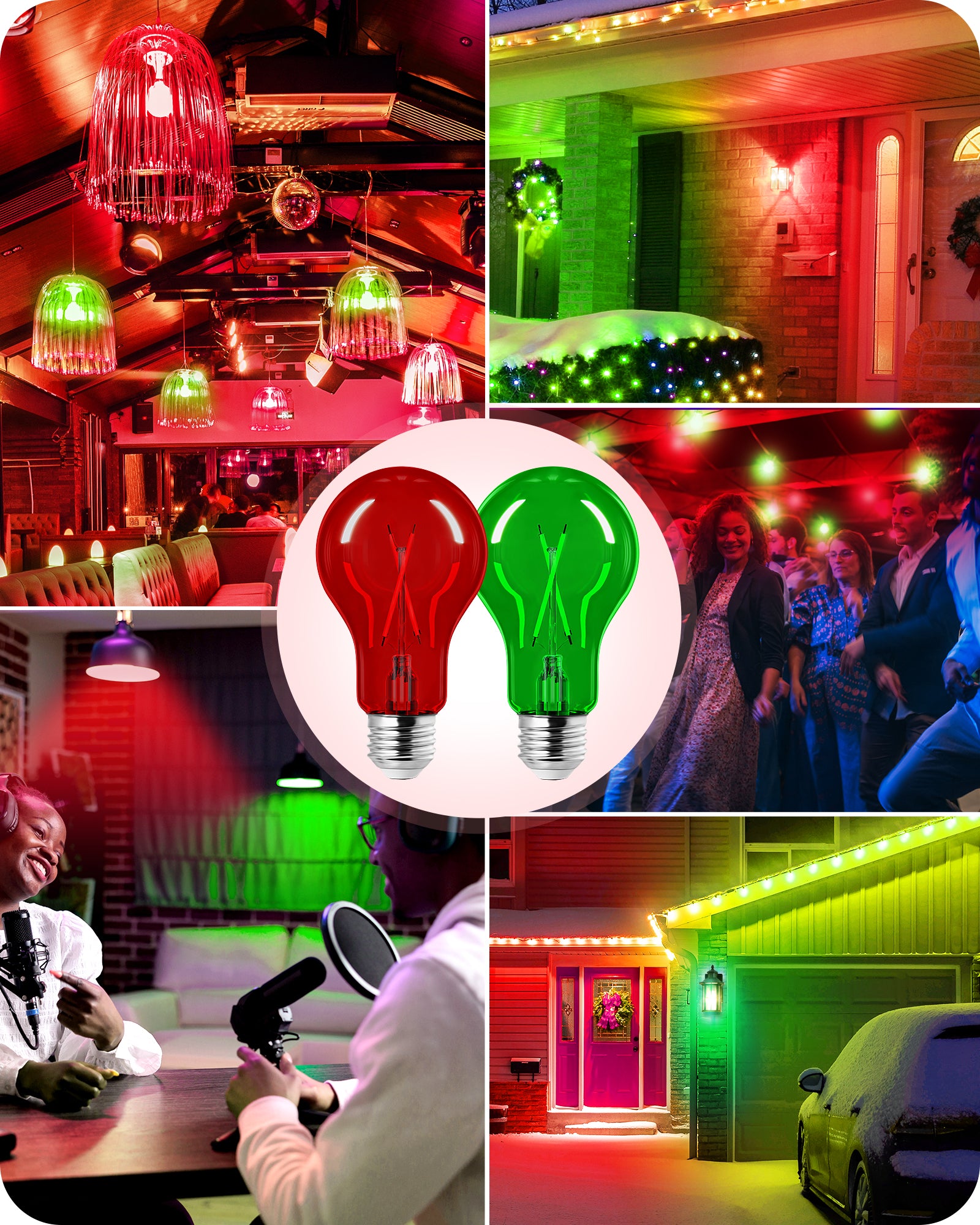 EDISHINE 4 Pack Red & Green Dimmable Light Bulb-HDCF19J-B2B
