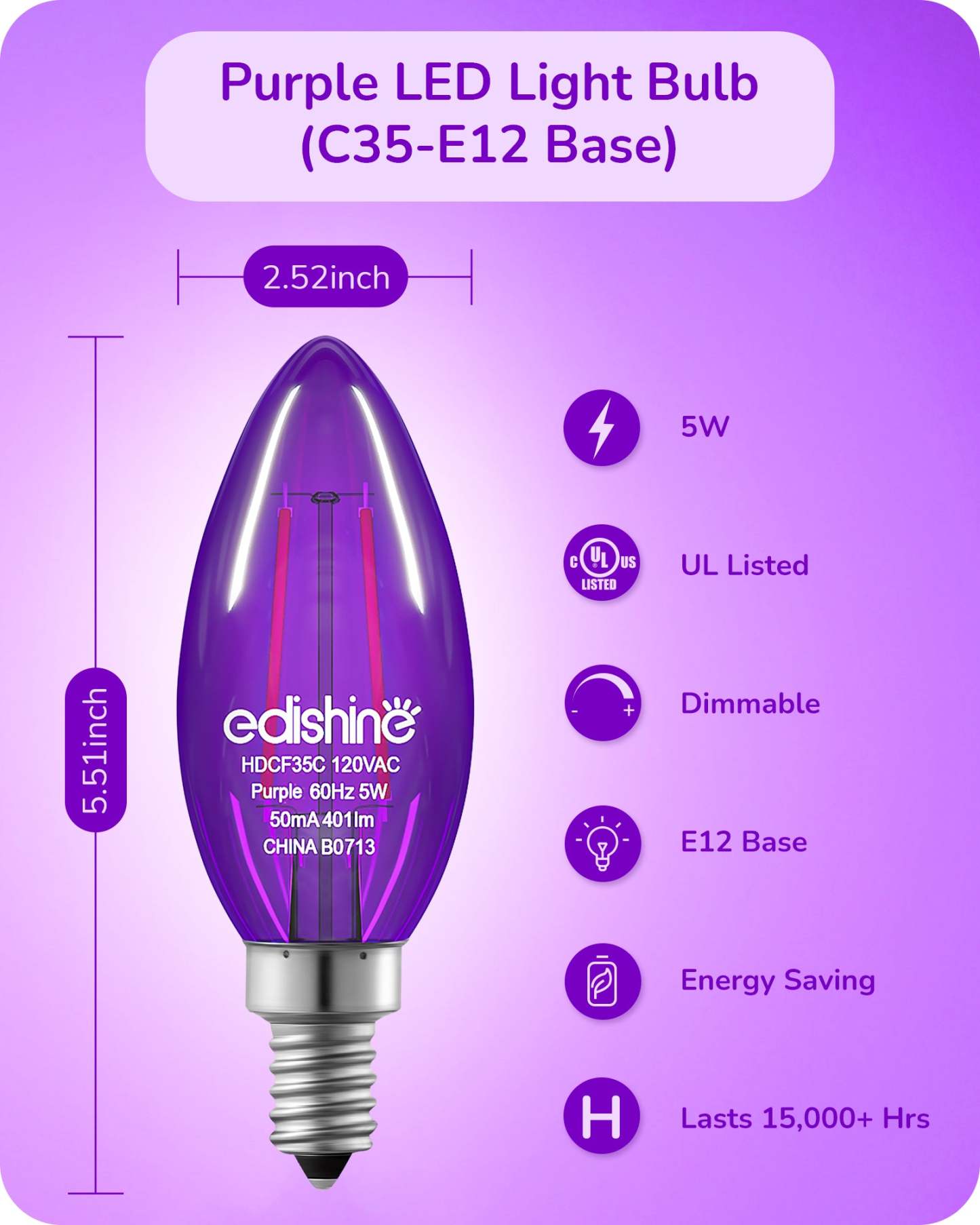 EDISHINE 6 Pack Dimmable Purple Light Bulb-HDCF35A