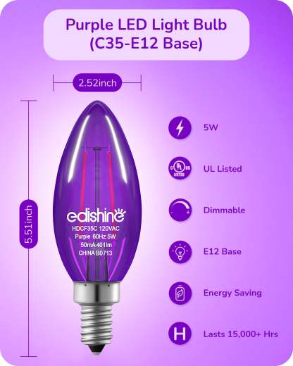 EDISHINE 6 Pack Dimmable Purple Light Bulb-HDCF35A